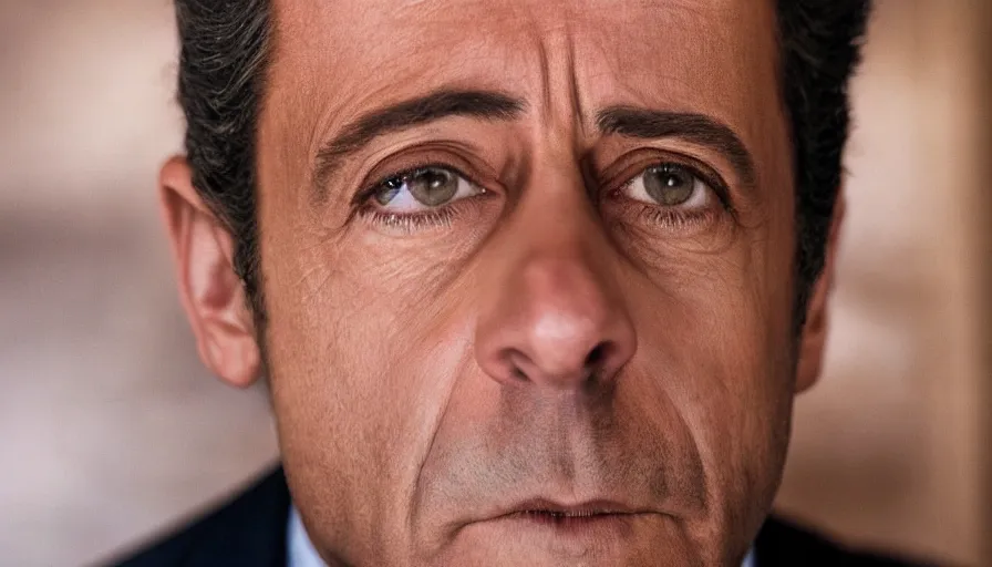 Image similar to hyper-realistic and anamorphic 2010s movie still close-up portrait of Nicolas Sarkozy, by Paolo Sorrentino, Leica SL2 50mm, beautiful color, high quality, high textured, detailed face