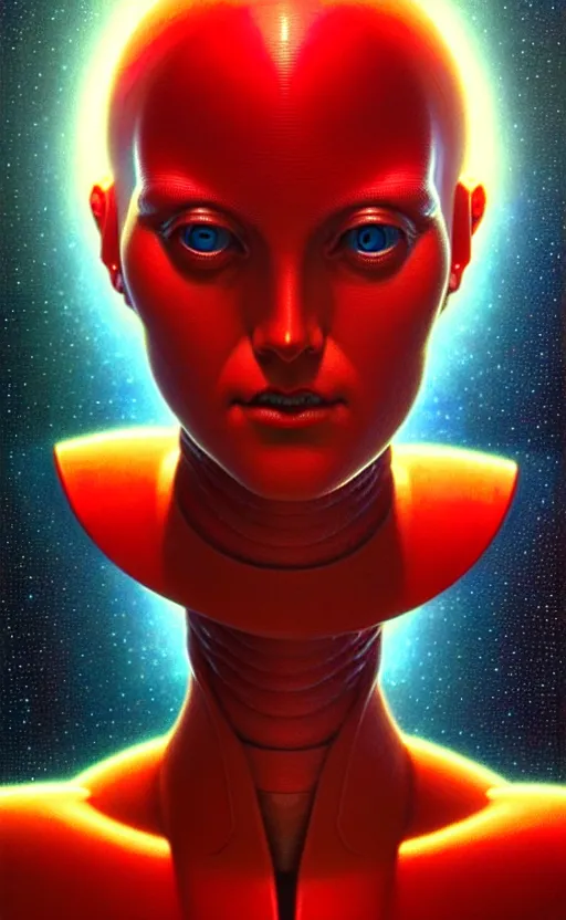 Prompt: friendly female android, award winning, portrait bust, symmetry, faded red colors, galaxy background, tim hildebrandt, wayne barlowe, bruce pennington, donato giancola, larry elmore, masterpiece, trending on artstation, cinematic composition, beautiful lighting, hyper detailed!!!, 8 k, oil on canvas