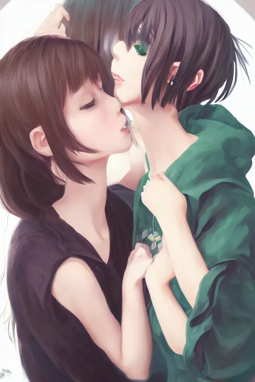 Image similar to portrait of two girls kissing, anime, drawn by WLOP, trending on Artstation