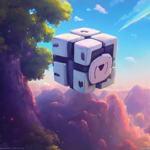 Image similar to beautiful painting of companion cube in a beautiful landscape, anime, studio ghibli, makoto shinkai, rhads, radiant light, detailed and intricate environment