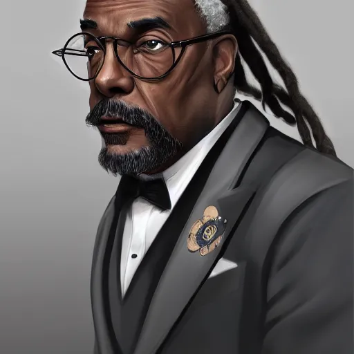 Image similar to a portrait of an older black man with dreads and a suit with a monocle on, D&D, sci-fi, elegant, hopeful, muscular, highly detailed, digital painting, artstation, concept art, smooth, sharp focus, illustration