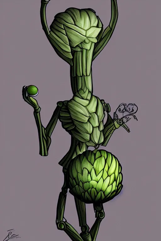 Prompt: a humanoid figure alien with an artichoke for a head, highly detailed, digital art, sharp focus, trending on art station, anime art style