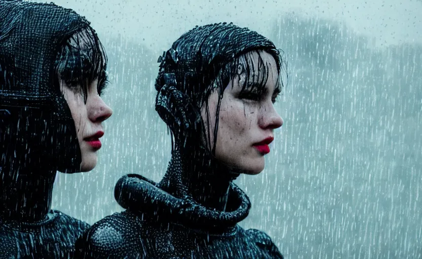 Image similar to cinestill 5 0 d candid photographic portrait by christopher nolan of two loving female androids wearing rugged black mesh techwear in treacherous waters, extreme closeup, modern cyberpunk moody emotional cinematic, pouring rain menacing lights, 8 k, hd, high resolution, 3 5 mm, f / 3 2, ultra realistic faces, ex machina