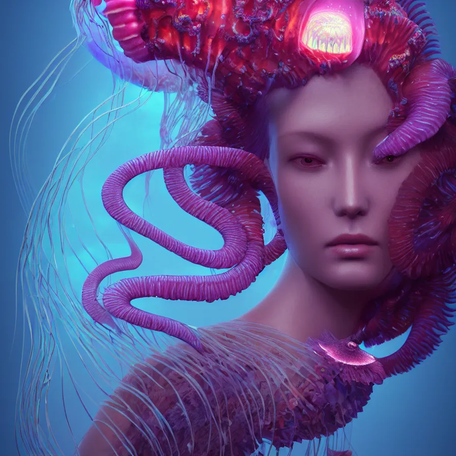 Image similar to goddess close-up portrait. orchid jellyfish phoenix head, nautilus, skull, betta fish, bioluminiscent creatures, intricate artwork by Tooth Wu and wlop and beeple. octane render, trending on artstation, greg rutkowski very coherent symmetrical artwork. cinematic, hyper realism, high detail, octane render, 8k