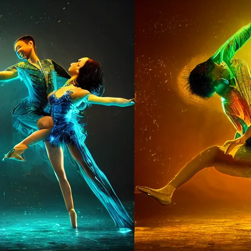 Image similar to Two ballroom dancers dissolving into an explosion of particles, half body shot, waist up, oil spill, neon blue color scheme and lighting, 3d octane render, insanely detailed and intricate, super detailed, fluid sim, golden ratio, ornate, luxury, elite, mark ryden, realistic 3D, hyper realistic