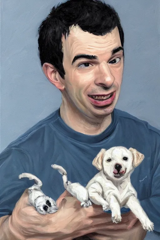 Image similar to painting by jon hale of nathan fielder holding pupper strings, masterminding, paint streaks, action lines!!!, visible texture, blurry, blurred