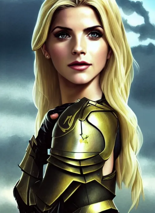 Image similar to portrait of a combination of Ashley Greene, Katheryn Winnick, Victoria Justice and Adriana Dxim, Grace Kelly, Emma Watson and Lily Collins with blonde hair wearing Varia Armor from Metroid Prime, countryside, calm, fantasy character portrait, dynamic pose, above view, sunny day, thunder clouds in the sky, artwork by Jeremy Lipkin and Giuseppe Dangelico Pino and Michael Garmash and Rob Rey and Greg Manchess and Huang Guangjian, very coherent asymmetrical artwork, sharp edges, perfect face, simple form, 100mm