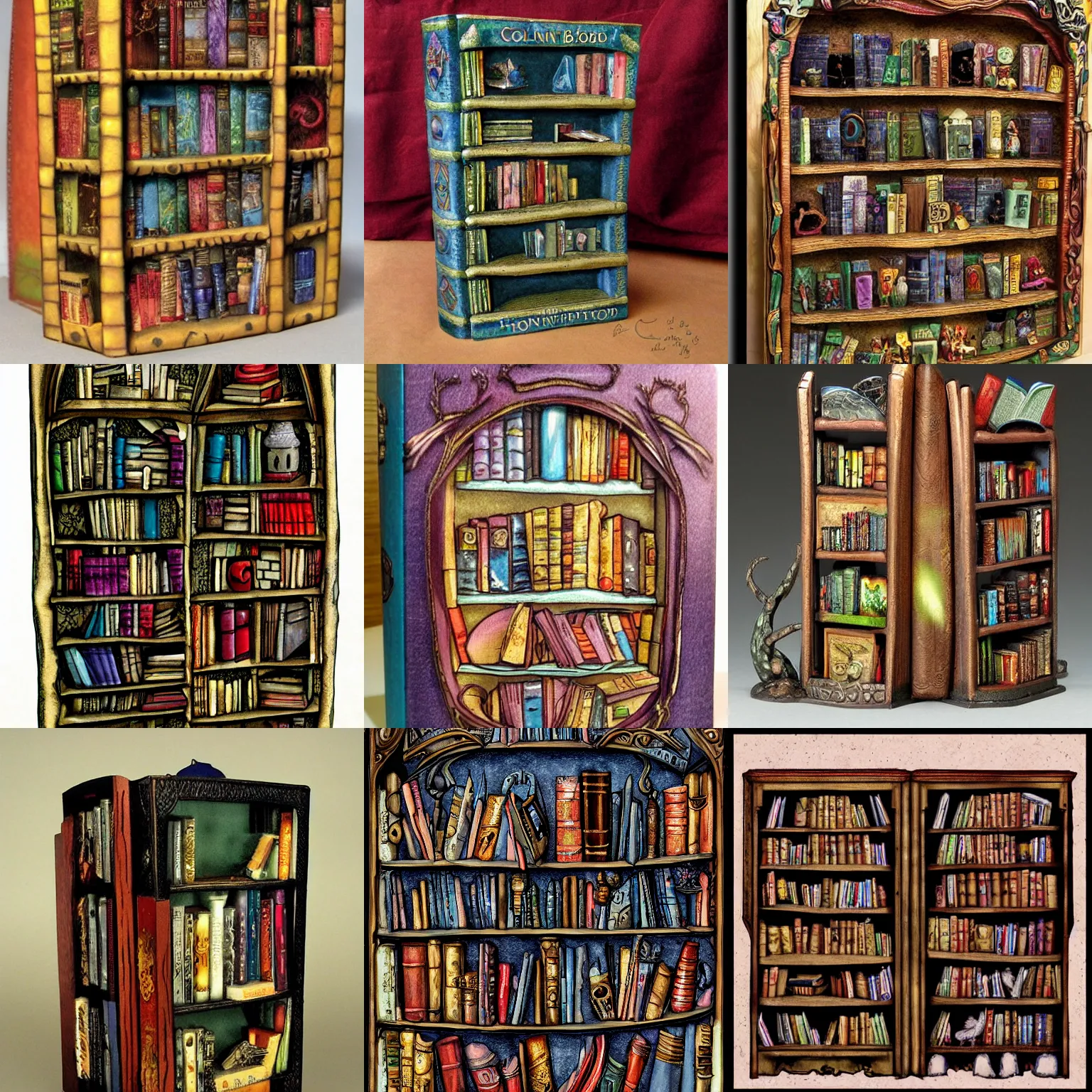 Prompt: enchanted bookshelf, in the style of colin thompson, highly detailed, fantasy,