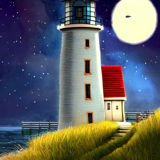 Image similar to beautiful cute cozy little lighthouse by the sea and a cozy cottage, well and fence, puffy clouds, stars, moon, anime style of hayao miyazaki, digital art trending on artstation