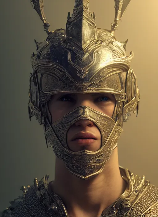 Prompt: hyperrealistic mixed media portrait of a beautiful male fantasy warrior, stunning 3d render inspired art by Mark Poole + perfect facial symmetry + dim volumetric lighting, ornate worn plate armor, 8k octane beautifully detailed render, post-processing, extremely hyperdetailed, intricate, epic composition, grim yet sparkling atmosphere, cinematic lighting + masterpiece, trending on artstation