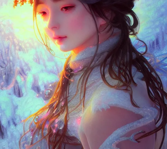 Image similar to beautiful ancient pastel frost witch, fire in eye, snow glow, pool party, highly detailed, digital painting, artstation, sharp focus, illustration, art by tan zi and ayanamikodon and alphonse mucha and wlop!!