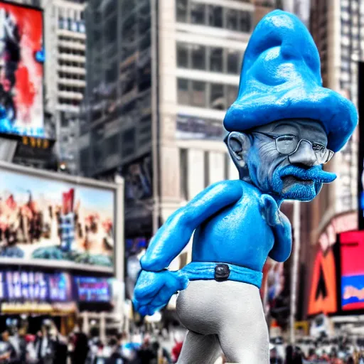 Image similar to a photograph of a very detailed renaissance sculpture of walter white wearing a smurf hat standing in times square, made by michelangelo, from the distance, hyper detailed, sharp focus, 8 k resolution, ray tracing