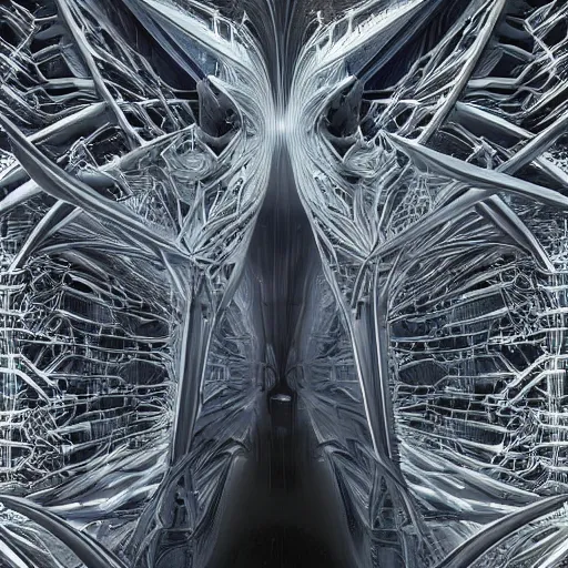 Prompt: cyberpunk irradiance by zaha hadid, iris van herpen and rick owens. highly detailed, hyper - real, very beautiful, intricate fractal details, very complex, opulent, epic, mysterious, polished, futuristic design, trending on deviantart and artstation