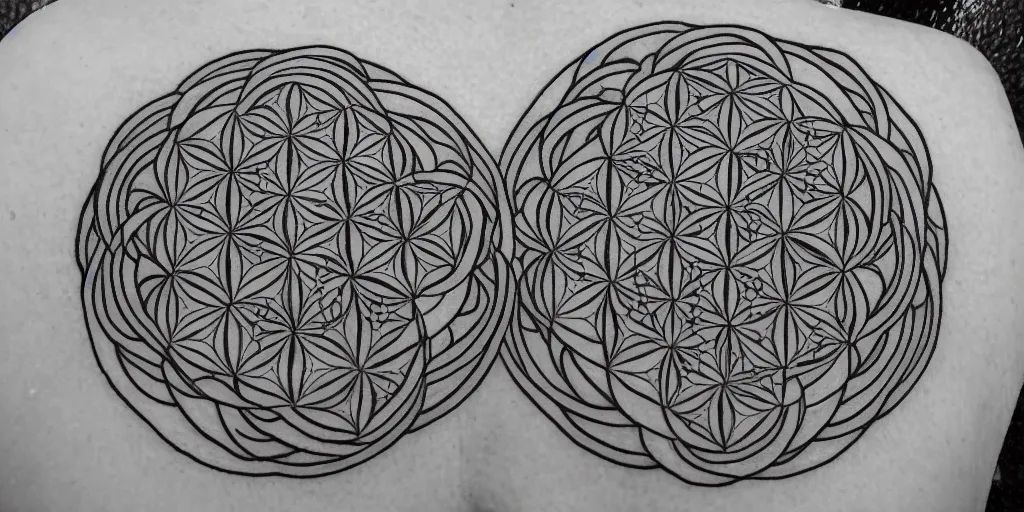 Image similar to sacred geometry tattoo design, flower of life, sri yantra, dotwork, design, tattoo, 8 k