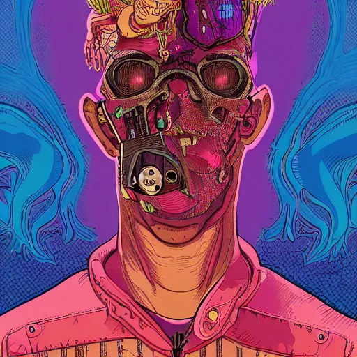 Image similar to portrait painting of a punk chain - smoking chicken cyborg, glitchwave, sharp focus, award - winning, trending on artstation, masterpiece, highly detailed, intricate. art by josan gonzales and moebius and deathburger