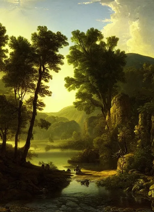 Prompt: the morning river, peasants, god light shafts, sunlit spot on rock, stunning atmosphere, nature art by asher brown durand, cinematic light