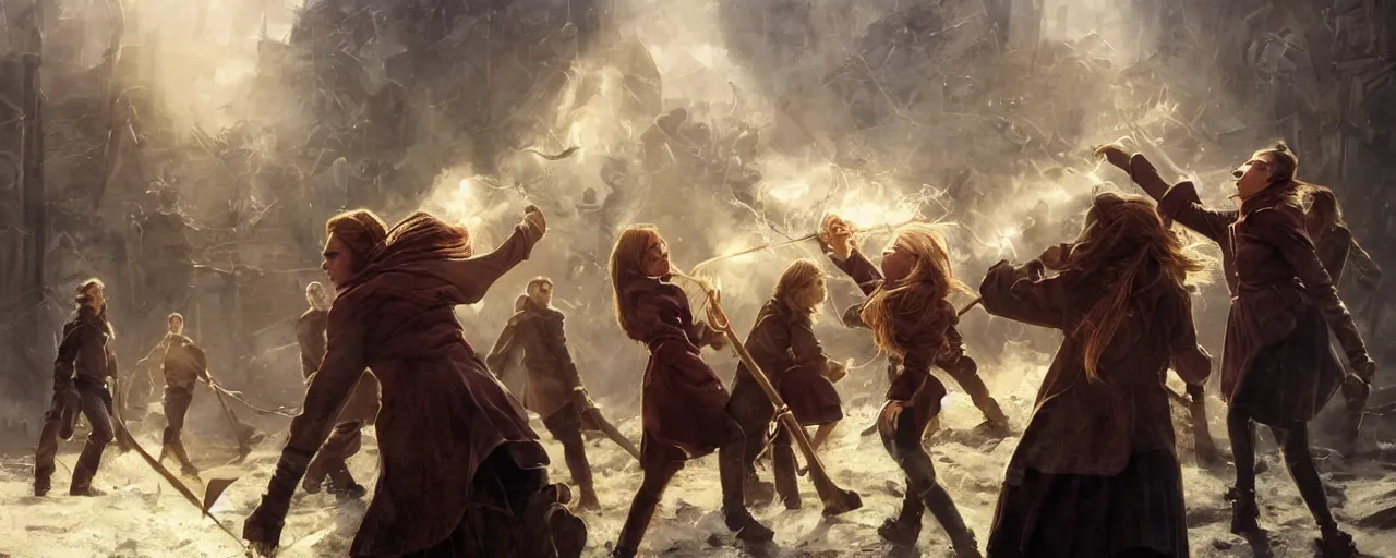 Image similar to most epic dramatic quidditch game. epic cinematic hyperrealism masterpiece. realistic poster with shaded lighting by craig mallismo, artgerm, jeremy lipkin and michael garmash, unreal engine, radiant light, detailed and complex environment, digital art, art station trends