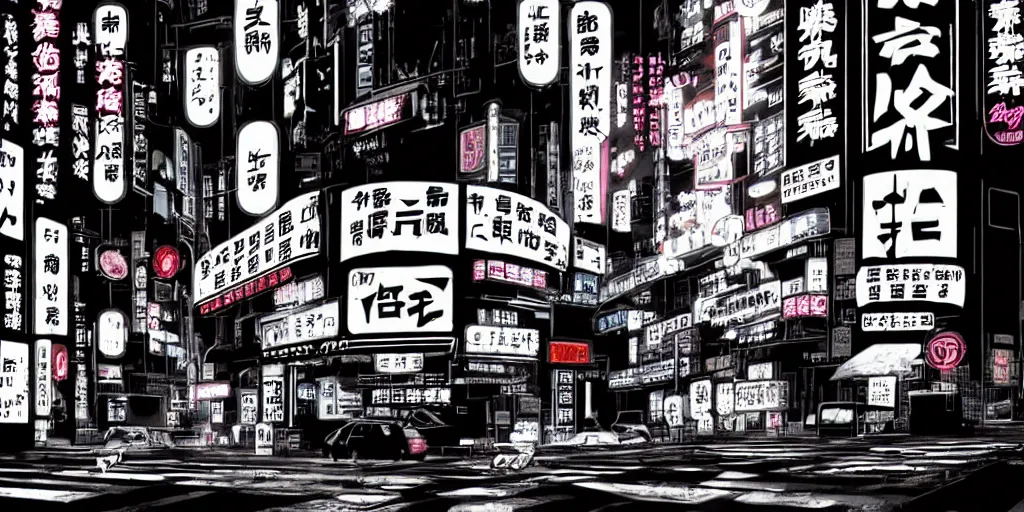 Image similar to Noir Cyberpunk Tokyo with neon signs in Japanese in style of Alan Moore. Symbolism, Detailed Art, 8K, Epic, Dynamic Light.