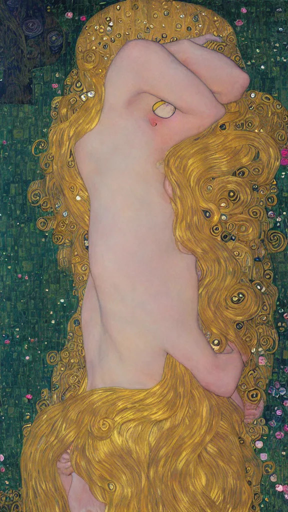 Image similar to a soft and breathtaking detailed painting of a full body sleeping blonde princess in the style of gustav klimt, blonde hair, shiny gold, elegant, highly detailed, artstation, fluo colors, concept art, matte, sharp focus, art by gustav klimt