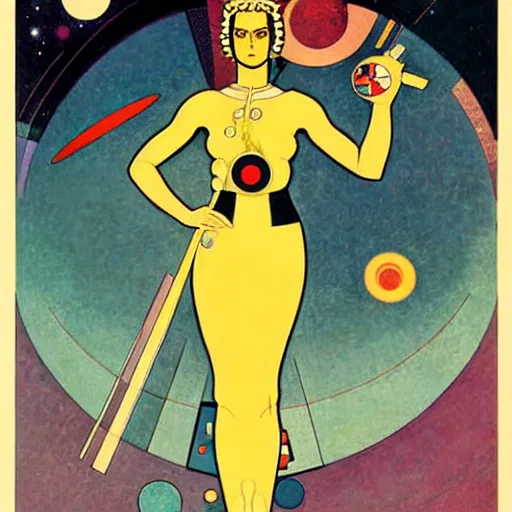 Prompt: Art by Coles Phillips, Eva Green as Space Commander Zeta from the Year 3000, Mucha, Kandinsky,