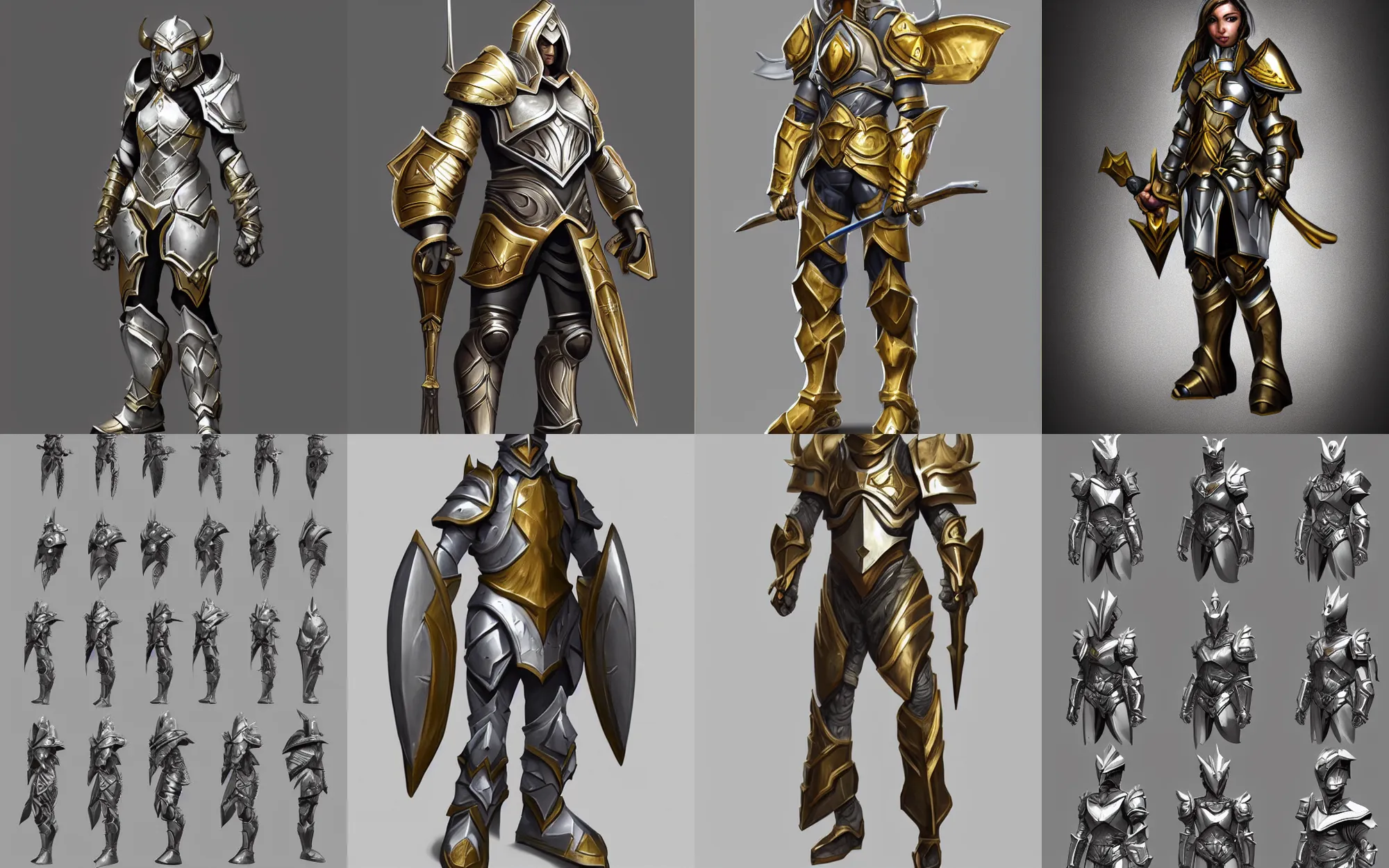 Prompt: paladin armor, trending on artstation, silver, gold trim, fantasy character art, smooth shading, extremely clean, uncluttered, high-quality, exaggerated proportions, very professional