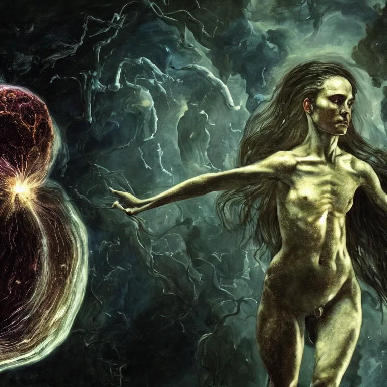 Image similar to still frame from Annihilation (2018) prometheus (2012) movie, dryad nymph sorceress flying through chaos nebula by caravaggio by giger by malczewski by marek okon, 4k wallpaper