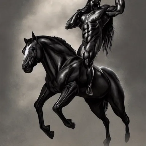 Prompt: an exaggeratedly muscular anthropomorphized black - coated horse with a magnificently muscular physique wearing tight kevlar outfit standing in a facility, long white mane, proportionally enormous arms, equine, anthro art, furaffinity, highly detailed, digital painting, artstation, concept art, illustration, art by artgerm, greg rutkowski, ruan jia