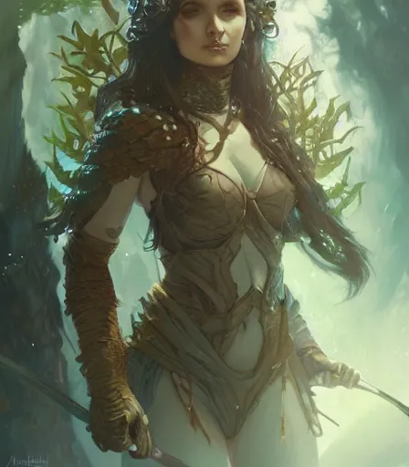 Image similar to Attractive Dryad, armored, dungeons and dragons portrait, highly detailed, digital painting, artstation, concept art, sharp focus, illustration, art by artgerm and greg rutkowski and alphonse mucha