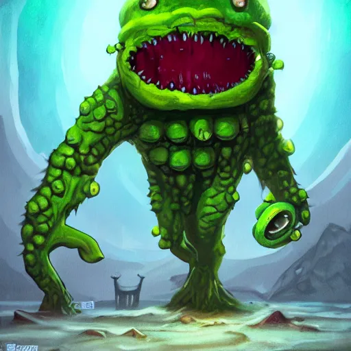 Image similar to a giant cyclops one - eyed cyclops bumpy ball green pea monster with boney arms, lovecraft, trending on artstation, 4 k, video game art, oil painting