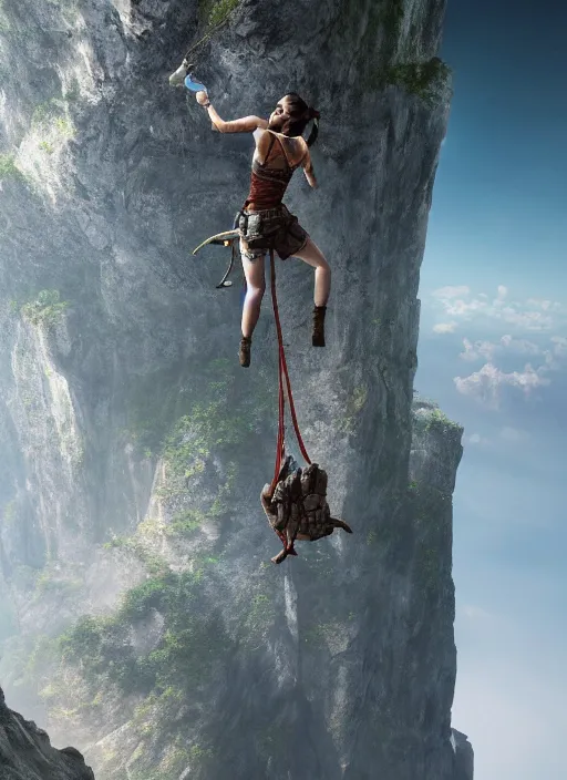 Image similar to close-up portrait action shot of Lara Croft hanging from a cliff ridge, Les Edwards, Zdzislaw Beksinski, Carl Gustav Carus, John Harris, Michal Karcz, Zhang Kechun, Mikko Lagerstedt, Scott Listfield, Steven Outram, Jessica Rossier