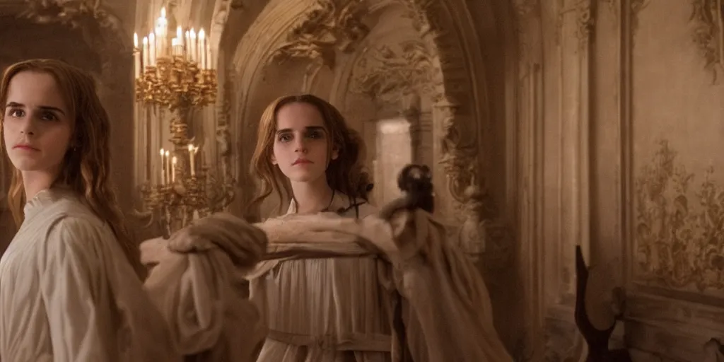 Image similar to Emma Watson as Hermione Granger long hair flowing robes baroque room cinematic lighting stanley kubrick barry lyndon Canon eos M50 200mm