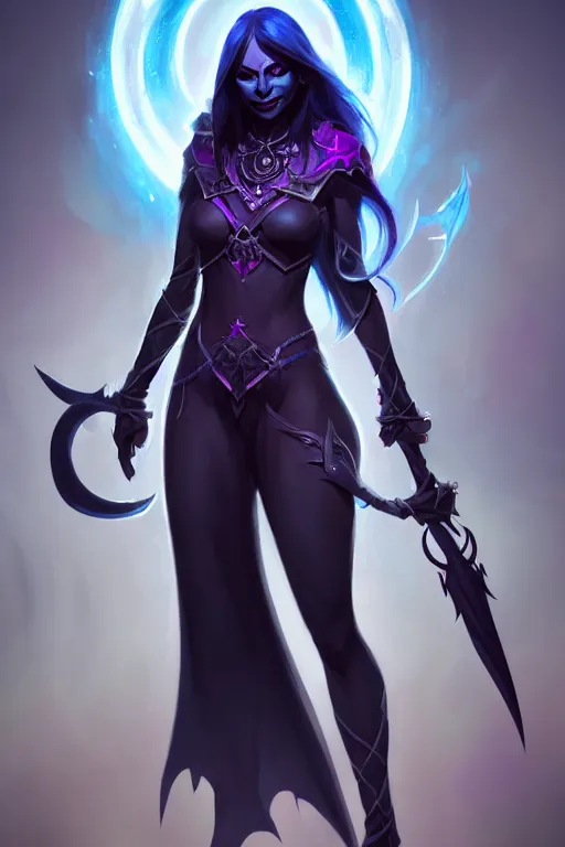 Image similar to Full body character concept art of a female Drow necromancer, scythe, pretty face, long dark hair, by Stanley Artgerm Lau, WLOP, Rossdraws, James Jean, Andrei Riabovitchev, Marc Simonetti, and Sakimichan, tranding on artstation