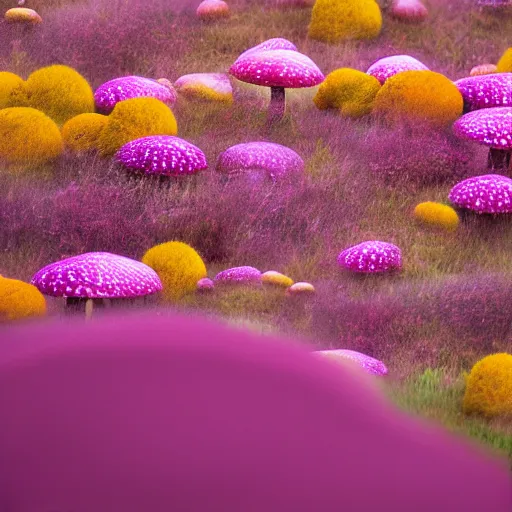 Prompt: a landscape of pink mushrooms, yellow flowers, orange grass, purple sun, grey sky