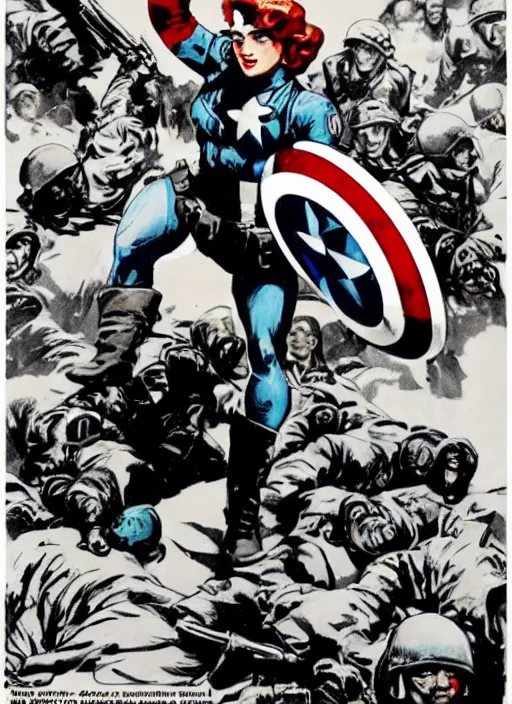 Prompt: beautiful female captain america standing on a pile of defeated, beaten and broken german soldiers. feminist captain america wins wwii. american wwii propaganda poster by james gurney. gorgeous face. overwatch. ralph bakshi and frank miller