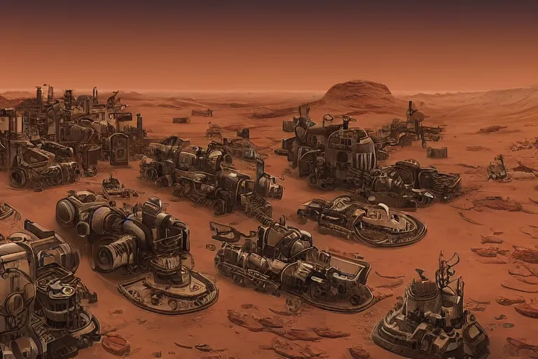 Prompt: a neverending non - euclidean factory in a bleak martian landscape, dieselpunk