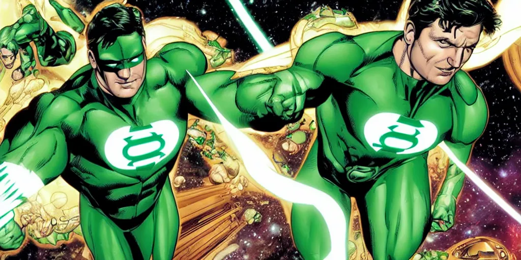 Prompt: Nathan Fillion as Green Lantern Hal Jordan flying through outer space, detailed