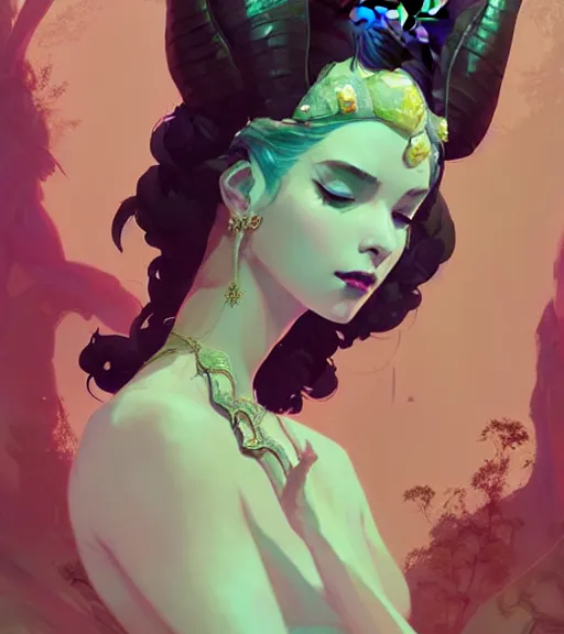 Image similar to portrait of a beautiful queen of the moss with two horns in complex and shiny dress made by leather, by ross tran and atey ghailan, by greg rutkowski, by greg tocchini, by james gilleard, by joe fenton, by kaethe butcher, dynamic lighting, grunge aesthetic