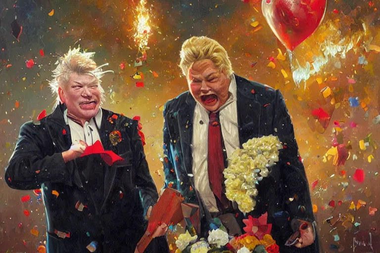 Image similar to portrait of rip taylor throwing confetti during a funeral service, an oil painting by ross tran and thomas kincade