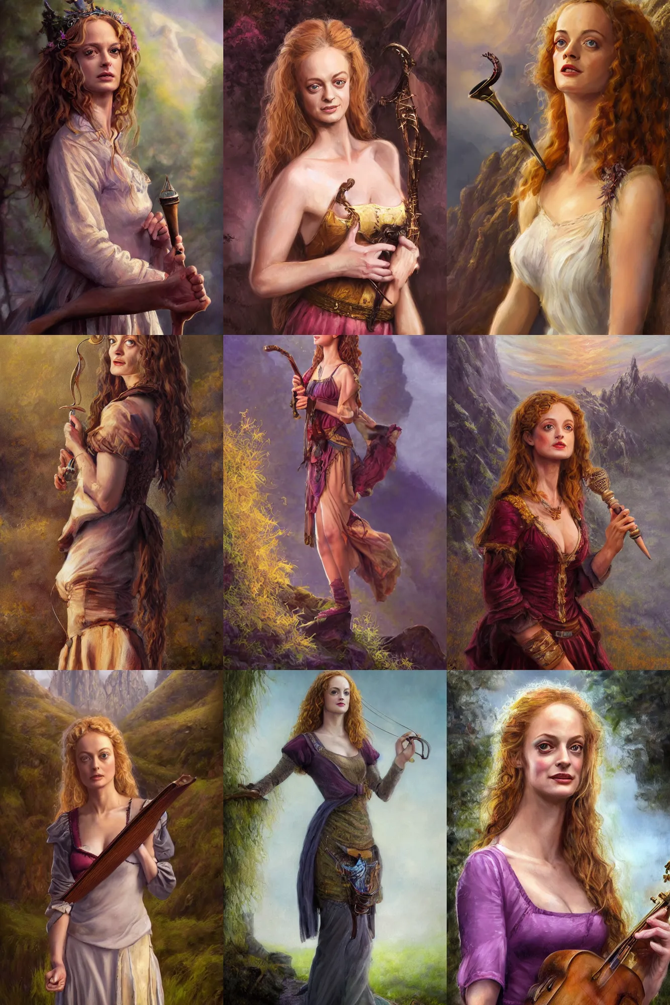 Image similar to a full body high detail fantasy portrait oil painting illustration of young heather graham as a beautiful sophisticated singing bard woman by justin sweet with face and body clearly visible, in a scenic background, pupils visible, realistic proportions, d & d, rpg, forgotten realms, artstation trending, high quality, sombre mood, artstation trending, muted colours, entire person visible!