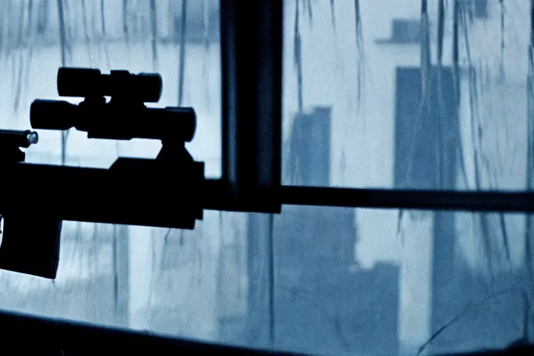 Image similar to film still of closeup futuristic sniper rifle sticking out window, cinematic, moody, gritty neon noir by emmanuel lubezki