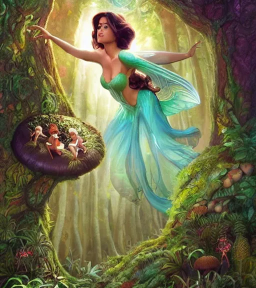 Prompt: Disney art of Salma Hayek as a fairy in a forest on a mushroom, by artgerm, makoto sinkai, magali villeneuve, Gil Elvgren, Earl Moran,Enoch Bolles, symmetrical,