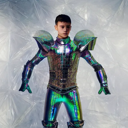 Image similar to a portrait of a beautiful young male wearing an alexander mcqueen armor made of holographic acrylic , photographed by andrew thomas huang, artistic