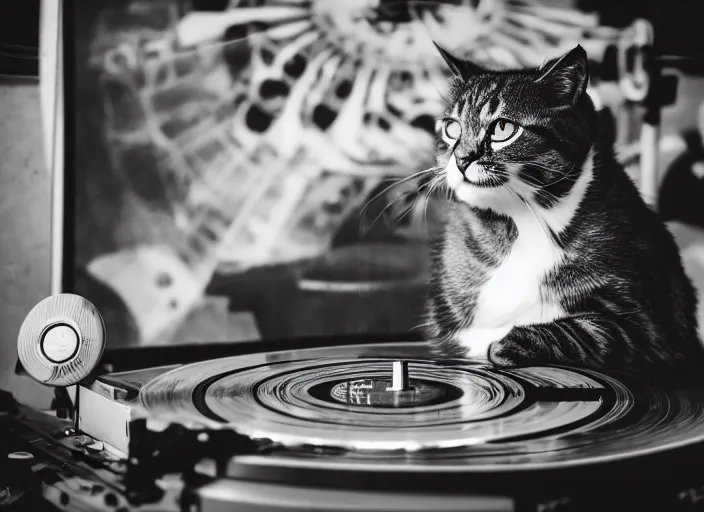 Image similar to photography of a Cat sitting on a record player. in a room full of vinyls and posters out of the 70's, photorealistic, raining award winning photo, 100mm, sharp, high res