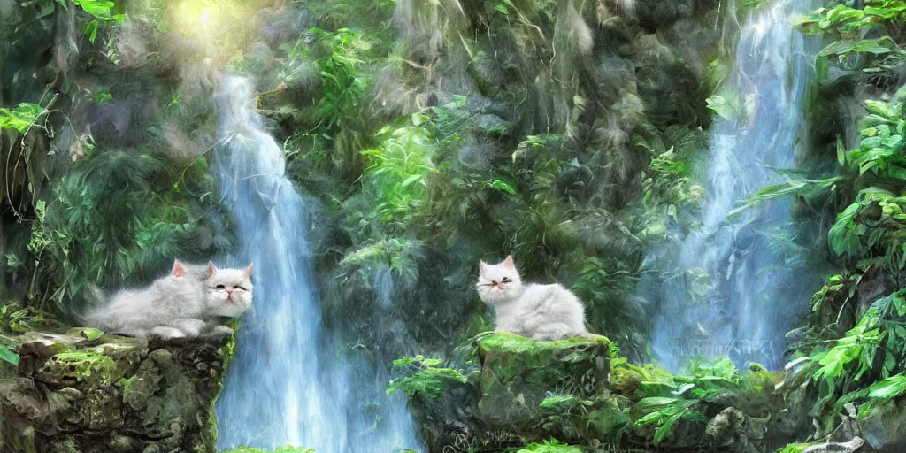 Prompt: a cute persian cat under a waterfall in the jungle, highly detailed, digital painting, award winning art