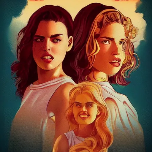 Prompt: girls in the sun, artstation, digital art, realistic, pretty, award wining, 80's, high detail, tarantino poster style, 4K, beautiful