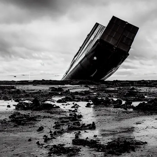 Image similar to crashed cargo ship leaking mysterious black gooey liquid, mysterious black slime, black gooey liquid leaking out of crashed cargo ship, apocalyptic, ruined, container ship, crashed, 8 5 mm f / 1. 4