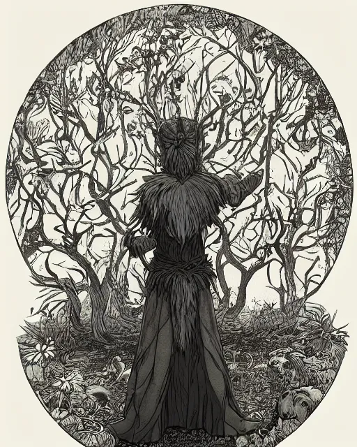 Image similar to a druid standing in a circle at the beginning of the world by james jean