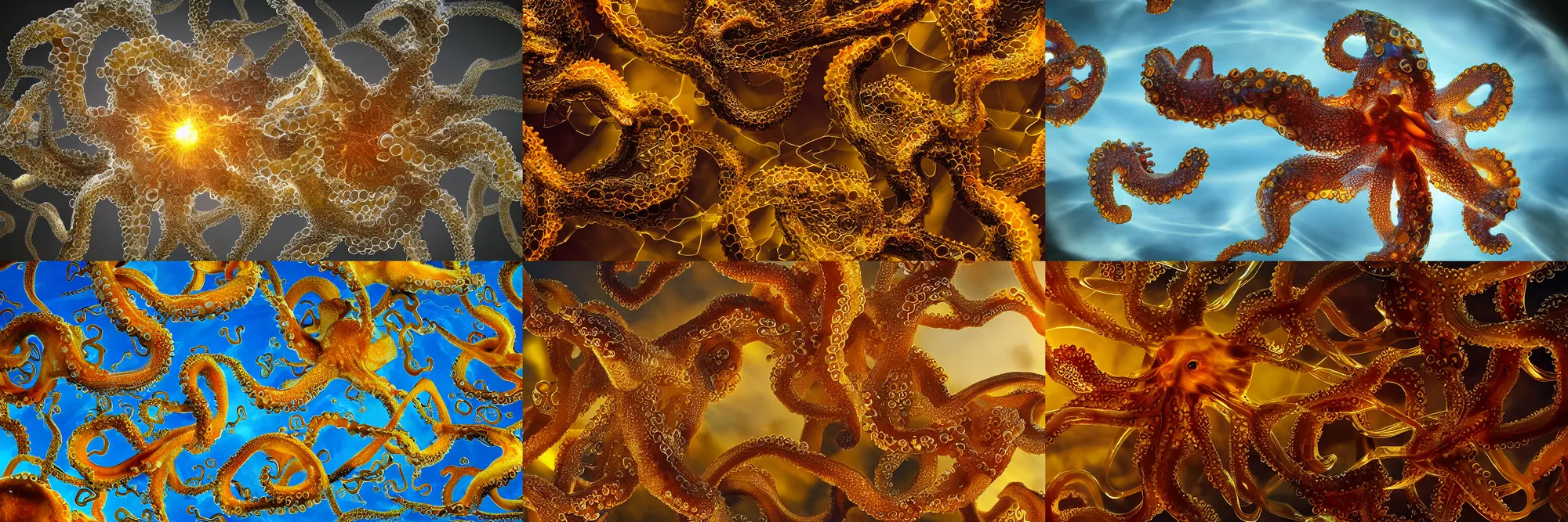 Prompt: glass shards, irregular fractals of octopuses, golden hour, motion blur, distortion