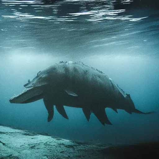 Prompt: giant underwater creature just beneath a calm, dark surface of an alpine lake