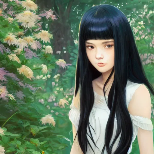 Image similar to a beautiful girl with long black hair, royal garden background, sharp focus, intricate, digital painting, artstation, highly detailed, ambient lighting, portrait by Studio Ghibli, Makoto Shinkai, Rossdraws, artgerm, Ilya Kuvshinov, and Greg Rutkowski